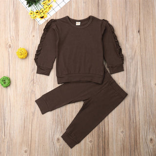 Buy brown Newborn 2 Pcs Baby Boys Girls Ruffles Jumper Solid Long Sleeve Sweatshirt