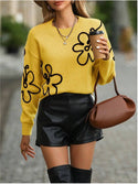 Solid Color Flower Jacquard Knitted Sweater Fashion Pullover