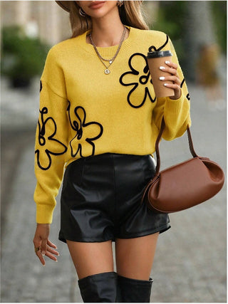 Buy yellow Solid Color Flower Jacquard Knitted Sweater Fashion Pullover