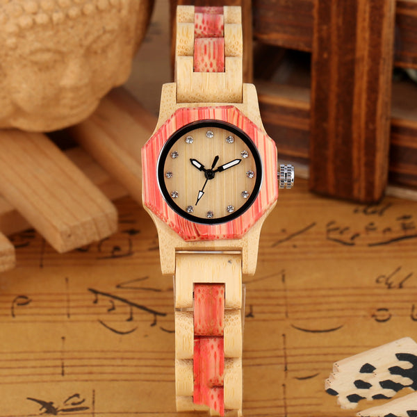 Bracelet Buckle Octagon Face Diamond Ladies Wooden Watch