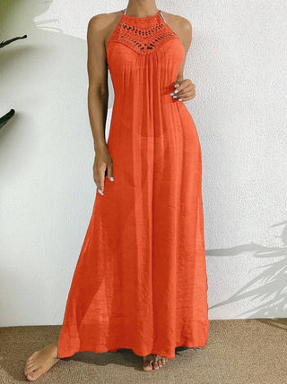 Buy orange Women Summer Holiday Hollow Out Dress With Halter Neck