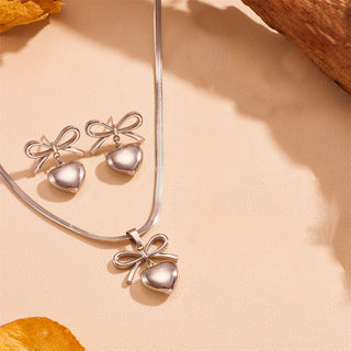 Buy silver-suit Stainless Steel Peach Heart Bow Necklace Ear Stud Ornament Suit