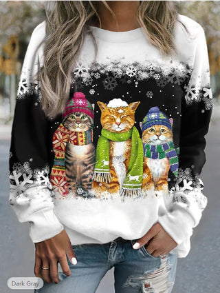 Buy black Cross-border Women&#39;s Christmas New Snowman And Cat Printed Long Sleeve Casual Loose-fitting T-shirt Christmas Supplies