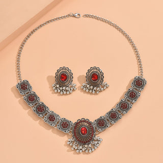 Buy b0922-red Indian Ethnic Style Vintage Gemstone Beads Jewelry Earrings Necklace 2 Pieces Suit