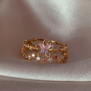 Retro Multi-element Cute And Sweet Pink Heart-shaped Butterfly Flower Open Ring