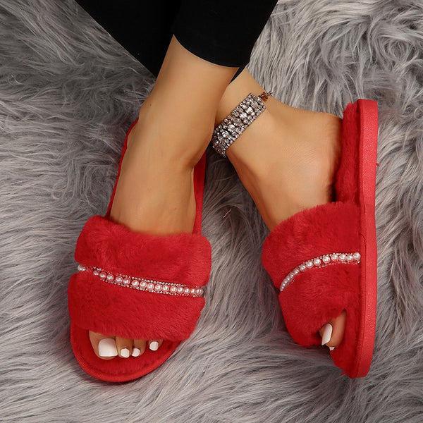 Fashion Solid Color Plush Slippers With Pearl