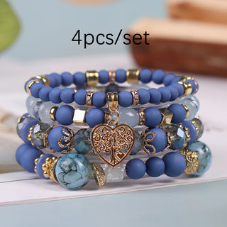 Buy blue-black Multi-layer Hollow Heart Pendant Tassel Bracelet Suit