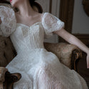 Lace Puff Sleeve Hollow White Dress