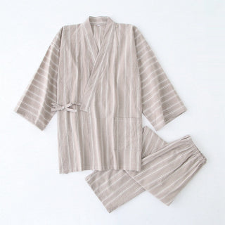 Buy men-gray-khaki-stripe Cotton Washed Pajamas Suit Thin Striped Men&#39;s And Women&#39;s Japanese Couple Kimono Trousers Homewear Suit