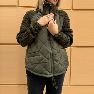 Buy army-green Stand Collar Cotton Jacket With Pockets Fashion Knitted Stitching Zipper Coat Winter Warm Tops For Women