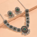 Indian Ethnic Style Vintage Gemstone Beads Jewelry Earrings Necklace 2 Pieces Suit