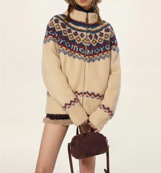 Buy apricot Vintage Sweater Women Autumn Thickening Turtleneck Knitting Cardigan College Coat