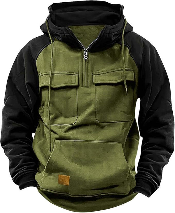 Men's Half Zipper Solid Warm Fleece Sweatshirts Multi Pockets Hooded Jackets
