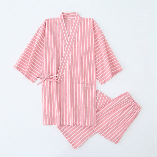 Cotton Washed Pajamas Suit Thin Striped Men's And Women's Japanese Couple Kimono Trousers Homewear Suit