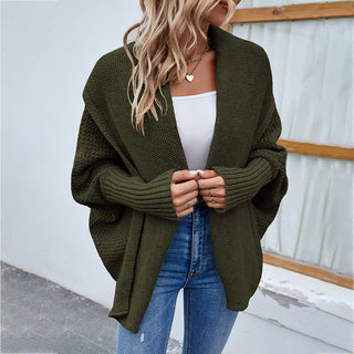 Buy army-green New Loose Knitted Sweater Solid Color Bat Sleeve Large Lapel Cardigan