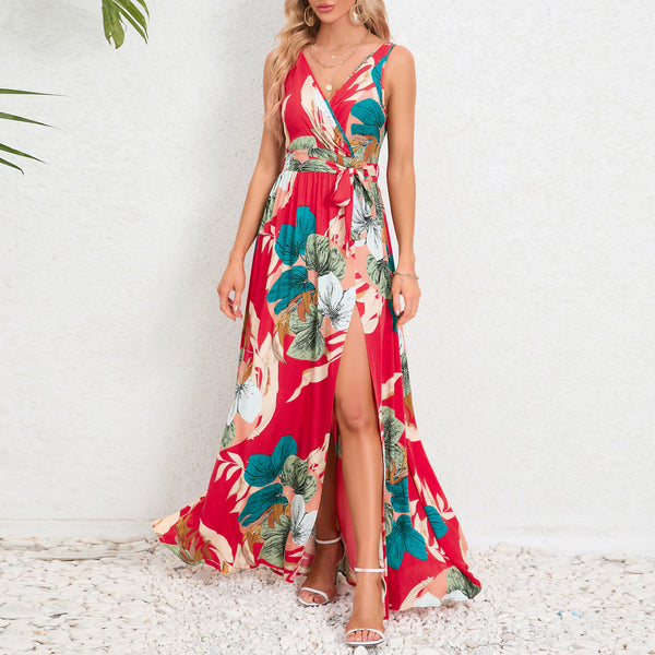 V-neck Floral Print Long Dress Summer Fashion Waist Tie Slit Design Sleeveless Dress