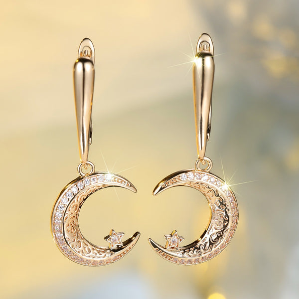 Champagne Gold Star And Moon Earrings Design Sense