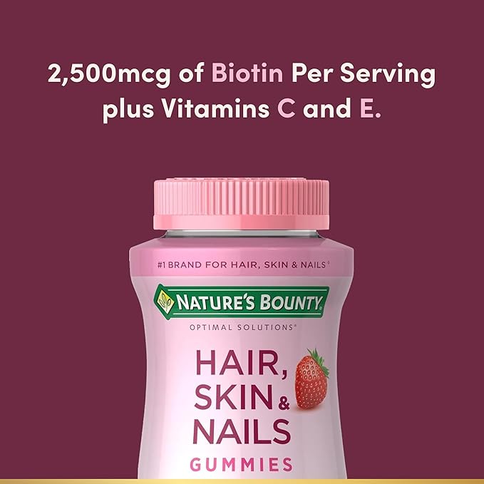 Nature's Bounty Optimal Solutions Hair, Skin & Nails Vitamin Gummies with Biotin, 2500 mcg, Strawberry, 80 Count, 40 Total Servings