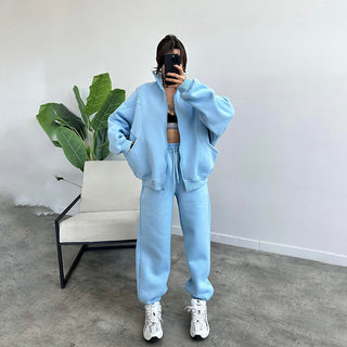 Buy light-blue Sports Suits With Pockets Stand-up Collar Zipper Cardigan And Drawstring Trousers Fashion Jogger Set Outfits Tracksuits Women&#39;s Clothing