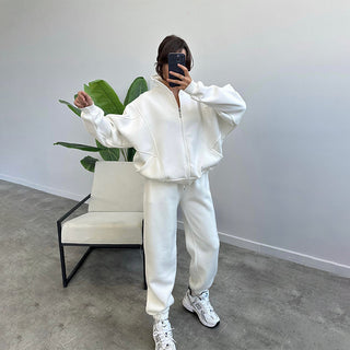 Buy white Sports Suits With Pockets Stand-up Collar Zipper Cardigan And Drawstring Trousers Fashion Jogger Set Outfits Tracksuits Women&#39;s Clothing