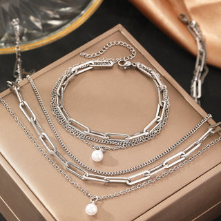 Buy c5546-silver Three-layer Metal Chain Pearl Pendant Necklace For Women