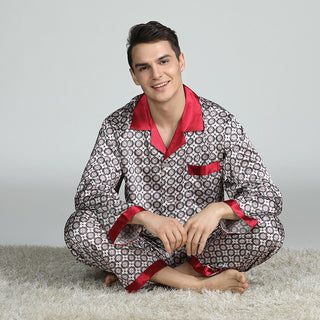 Men's Printed Silk Pajamas Spring And Summer Long-Sleeved Suit