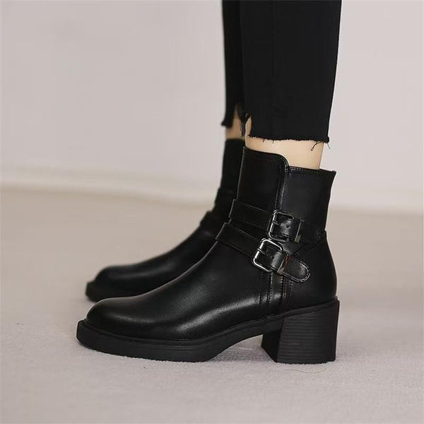 Black Belt Buckle Round Toe Mid Heel Short Boots For Women