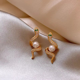 Buy gold-plated-earrings Exquisite Full Rhinestone Zircon Simulated Snakes Bead Stud Earrings For Women