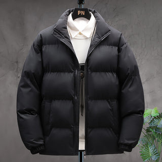 Buy black Winter Stand-collar Cotton Coat Couple Casual Warm Plus Velvet Thicken Solid Color Jacket