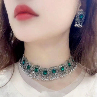 Buy b9033-dark-green Indian Ethnic Style Vintage Gemstone Beads Jewelry Earrings Necklace 2 Pieces Suit