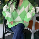 Women's V-neck Rhombus Sweater Loose Outer Wear