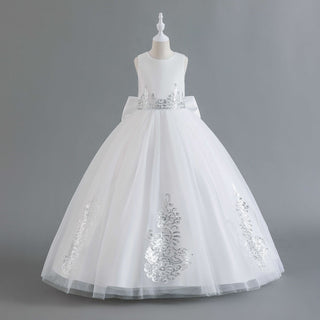 Buy white New Girls Wedding Princess Sequined Lace Long Dress