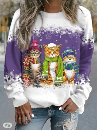 Buy purple Cross-border Women&#39;s Christmas New Snowman And Cat Printed Long Sleeve Casual Loose-fitting T-shirt Christmas Supplies