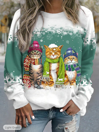 Buy light-green Cross-border Women&#39;s Christmas New Snowman And Cat Printed Long Sleeve Casual Loose-fitting T-shirt Christmas Supplies