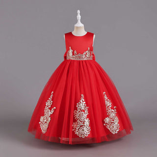 Buy red New Girls Wedding Princess Sequined Lace Long Dress