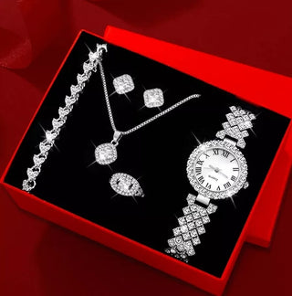 Buy silver-watch-suit2 Fashion Watch Gift Suit Quartz Watch Necklace Bracelet Ring Stud Earrings