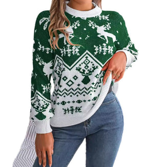 Buy green 2025 New Year Autumn Winter Casual Deer Pattern Long Sleeve Hoodie Sweater Christmas For Women Red Green Knitted Pullover Jumper