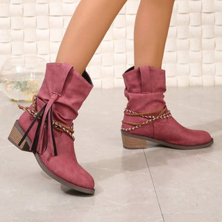 Women's Autumn And Winter Pleated Tassel High Heel Mid-calf Length Loose Socks Boots