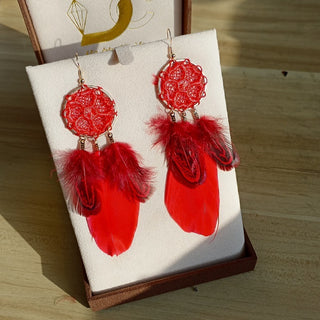 Buy dc13469-bright-red Women&#39;s Casual Versatile Feather Earrings