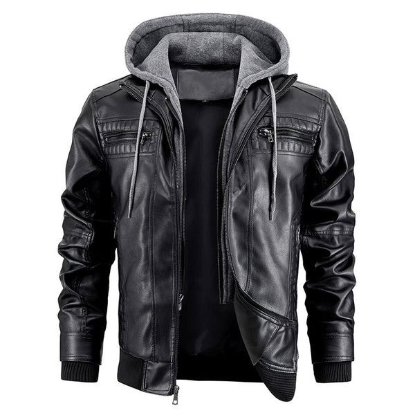 Hooded Jacket With Zipper Pockets Fashion Warm Pu Leather Coat