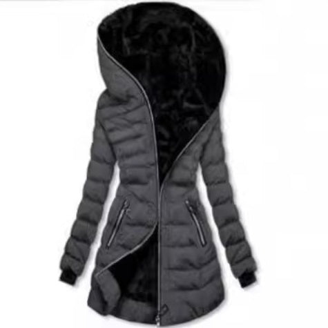 Women Hooded Warm Fleece Mid-length Padded Jacket