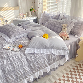 Buy grey Solid Color Four-piece Quilt Cover Bed Skirt Bedding Set