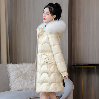 Buy 5168-beige Glossy Women&#39;s Mid-length Thickened Warm Slim-fit Figure Flattering Fur Collar Cotton Clothes