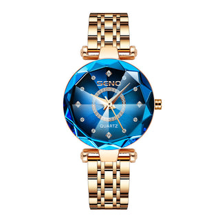 Buy rose-gold-blue Polygonal Glass Solid Stainless Steel Strap Women&#39;s Waterproof Watch