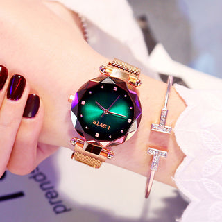 Buy l-rose-gold-green Women&#39;s Starry Quartz Lazy Magnet Strap Iron-absorbing Watch