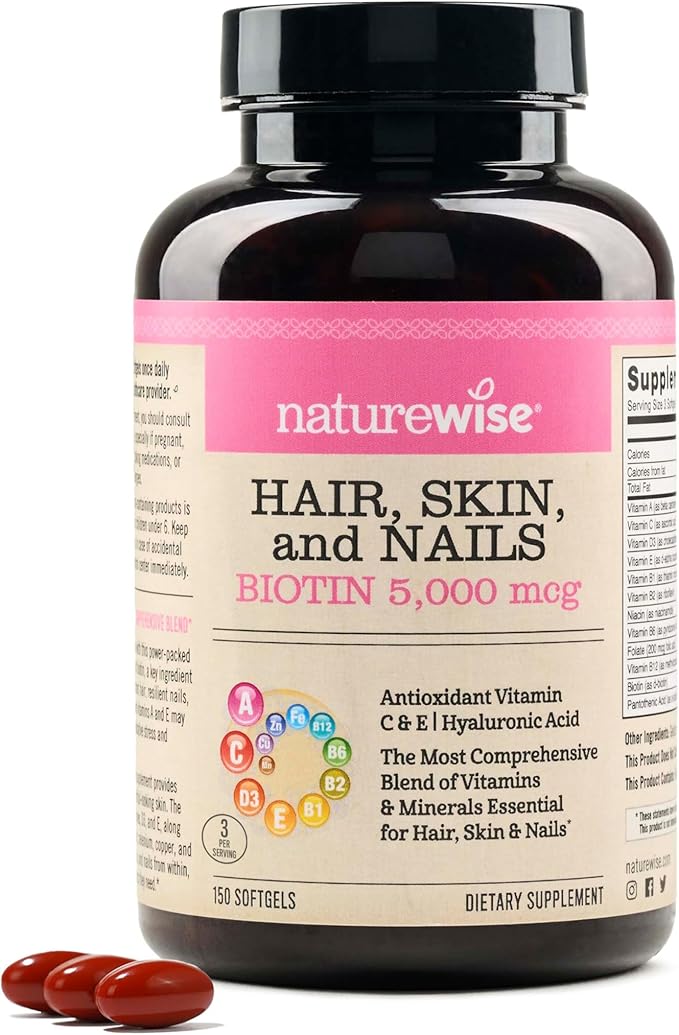 NatureWise Hair Skin & Nails Vitamin – Biotin 5000mcg with Collagen & Hyaluronic Acid – Women’s Multivitamin, 150 Softgels (50-Day Supply) Main image