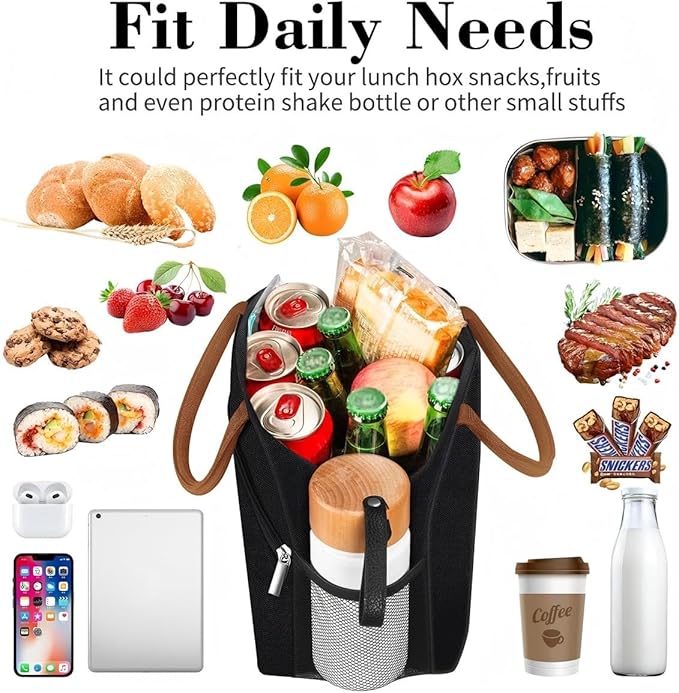 Coobiiya Lunch Box Lunch Bag for Women Men,Reusable Cute Lunch Pail bag,Leakproof,Insulated LunchBox Tote Compact 10L, Cooler Lunch Container for Work Travel Office (Black)