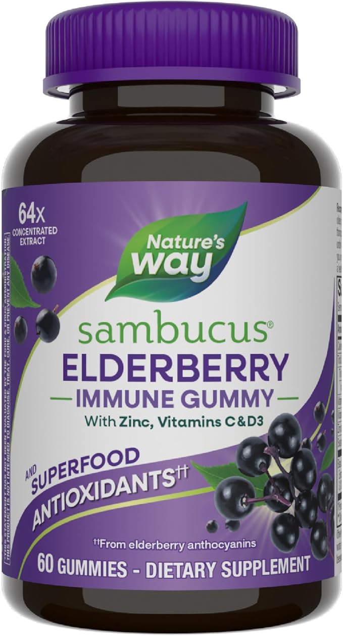 Nature’s Way Sambucus Elderberry Immune Support Gummies for Kids & Adults* with Black Elderberry Extract, Vitamin C, Vitamin D3, and Zinc, 60 Gummies Main image