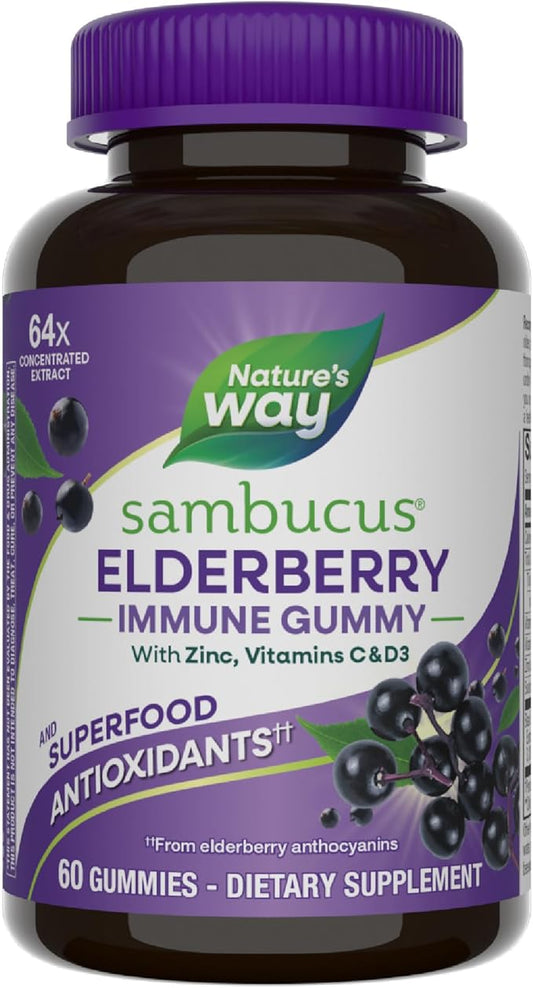 Nature’s Way Sambucus Elderberry Immune Support Gummies for Kids & Adults* with Black Elderberry Extract, Vitamin C, Vitamin D3, and Zinc, 60 Gummies