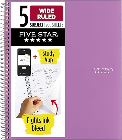 Five Star Spiral Notebook + Study App, 5 Subject, Wide Ruled Paper, 8" x 10-1/2", 200 Sheets, Fights Ink Bleed, Water Resistant Cover